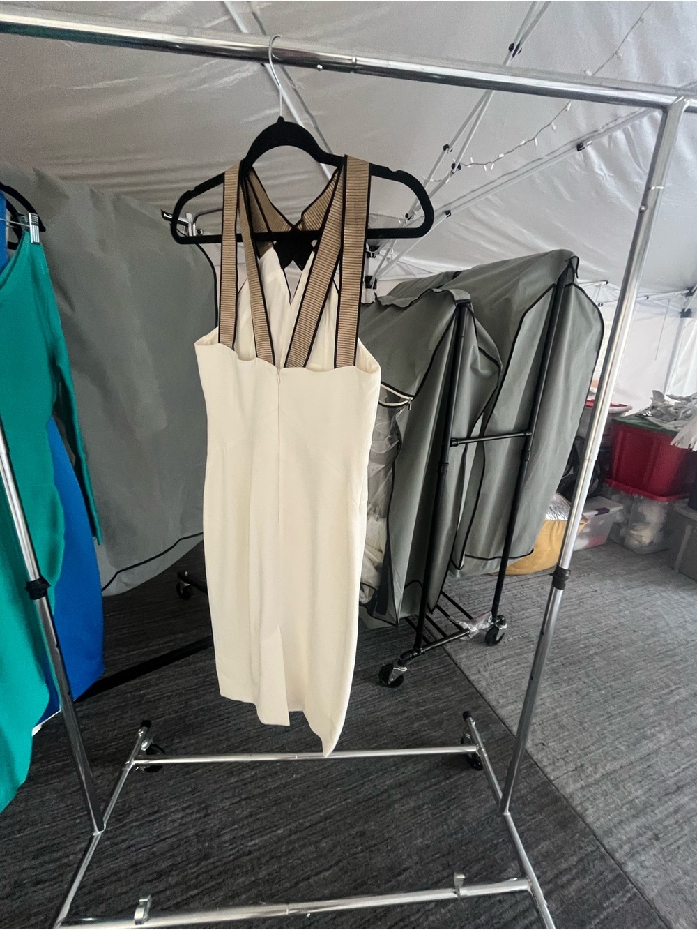 Karen Millen Cream Sheath Dress with Black Strappy Mesh Detail